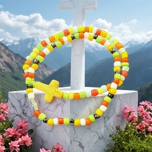 Hand Crafted Multicolor Beaded Bracelets with Yellow Cros